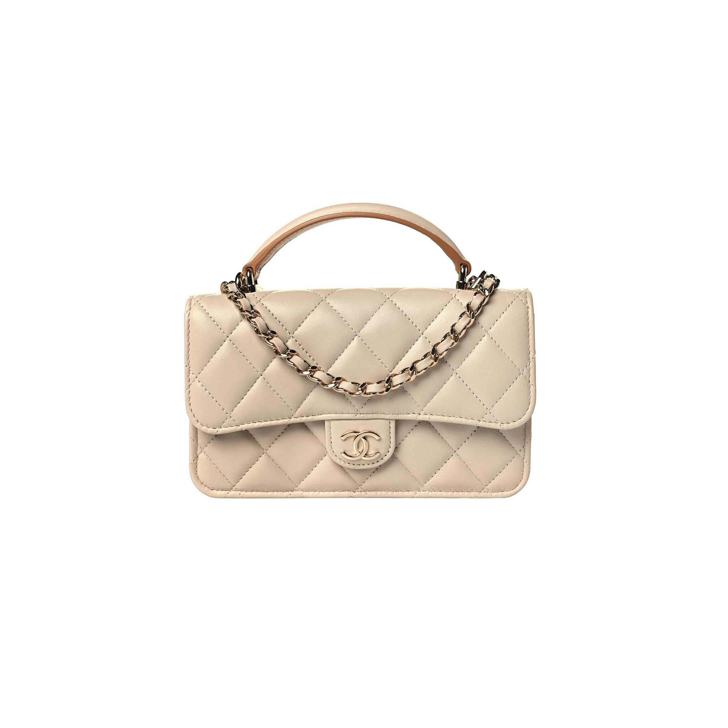 Ch*el master lambskin quilted flap phone holder with chain beige brown ap3226 (17.2*10*3.3cm)